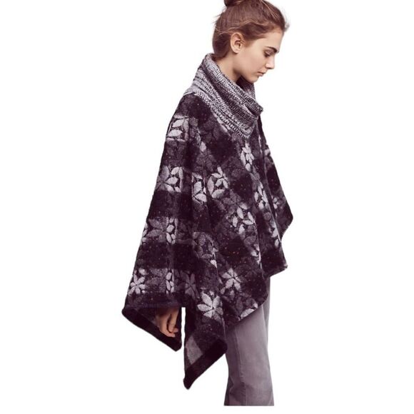 Anthropologie Wintertide Reversible‎ Poncho One Size Plaid Floral - Picture 1 of 12